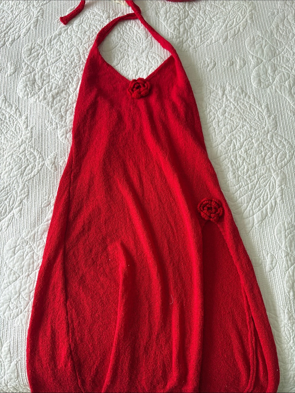 SHEIN Red Halter Knit Dress with Floral Appliqués